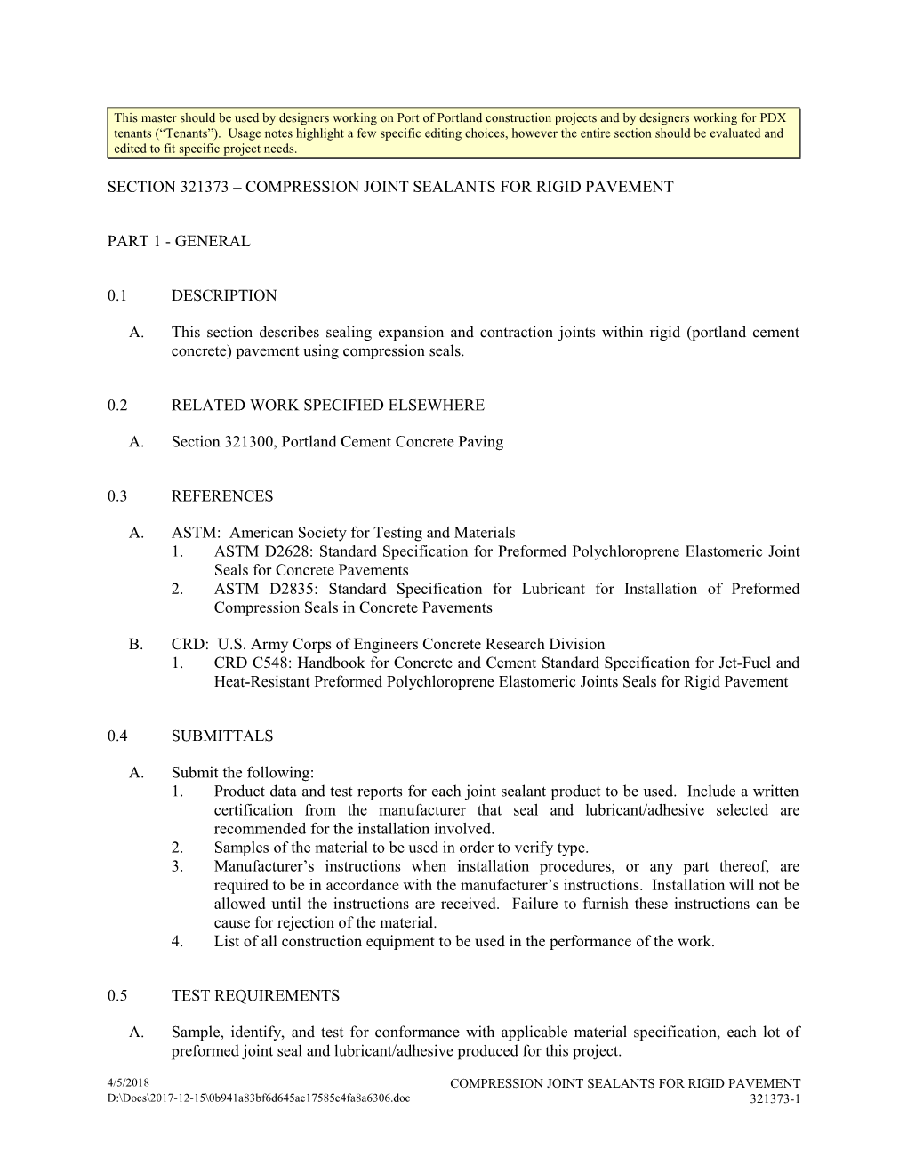 Section 321373 - Compression Joint Sealants for Rigid Pavement