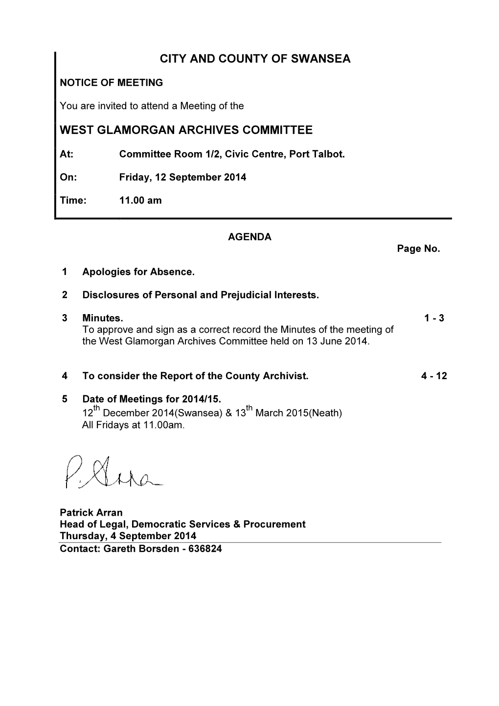 (Public Pack)Agenda Document for West Glamorgan Archives Committee, 12/09/2014 11:00