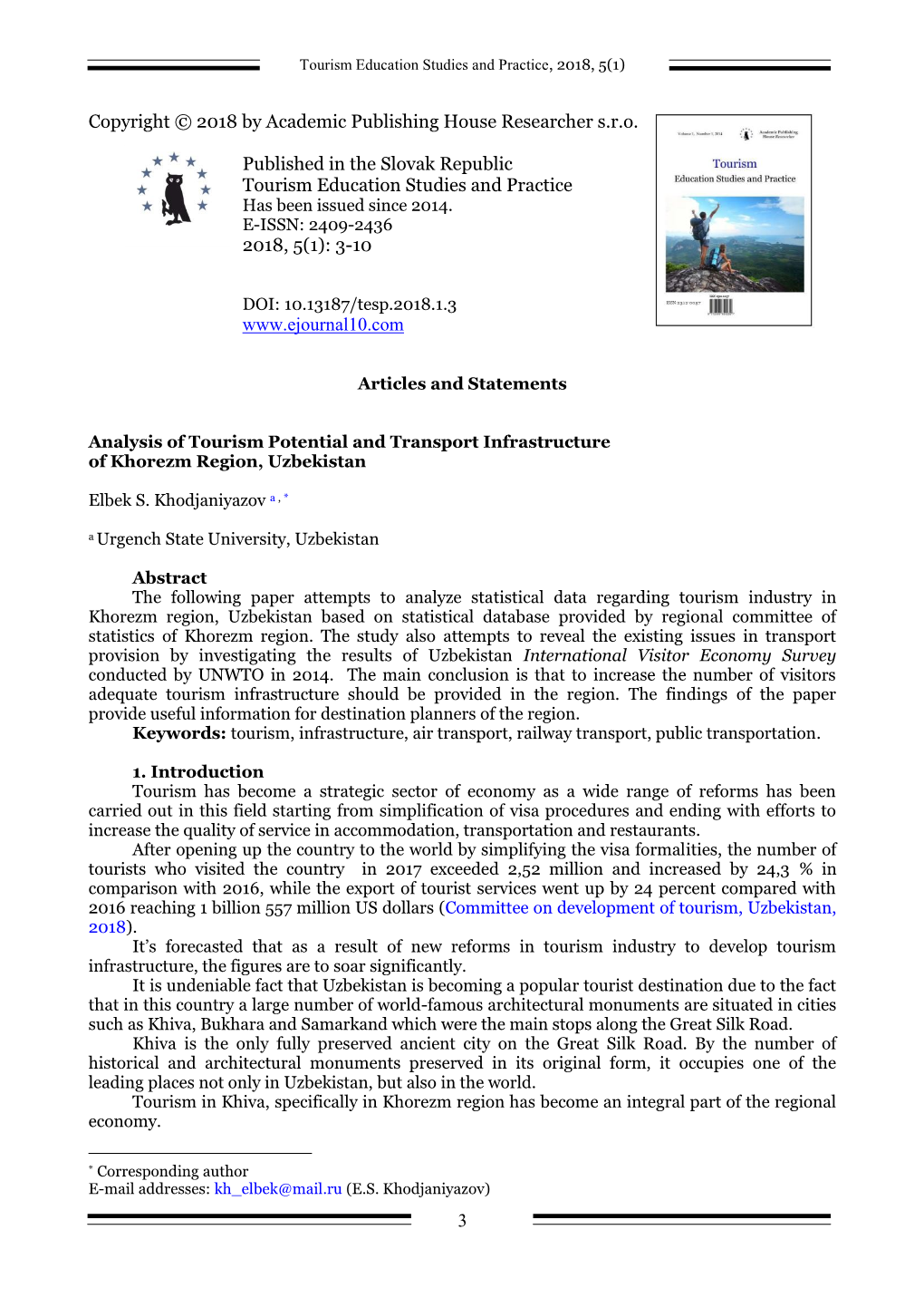 Analysis of Tourism Potential and Transport Infrastructure of Khorezm Region, Uzbekistan