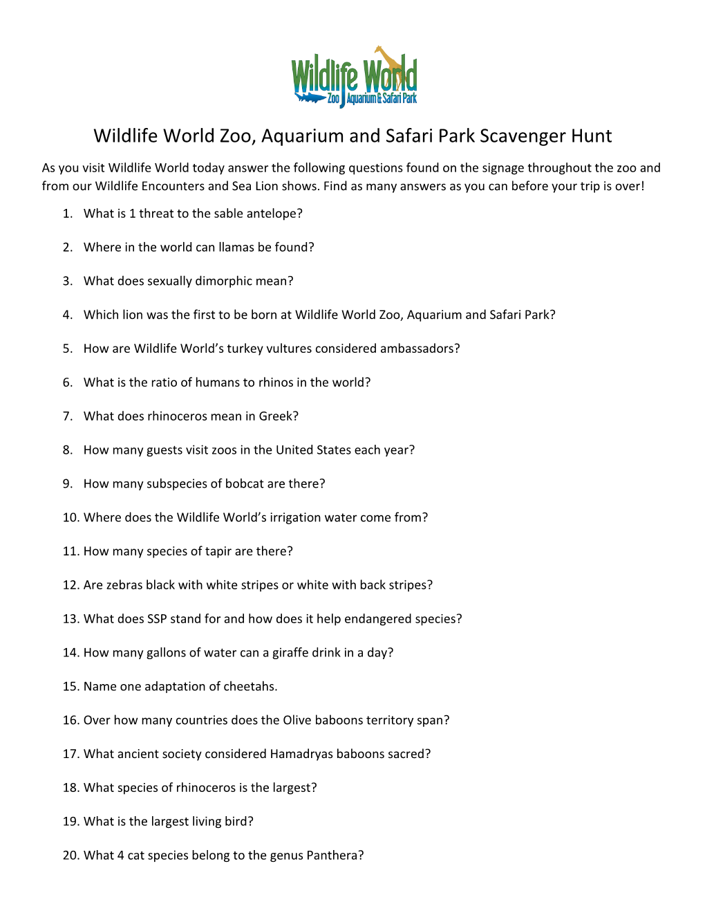 Wildlife World Zoo, Aquarium and Safari Park Scavenger Hunt