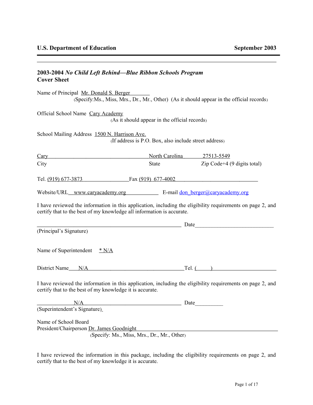 Cary Academy 2004 No Child Left Behind-Blue Ribbon School Application (Msword)