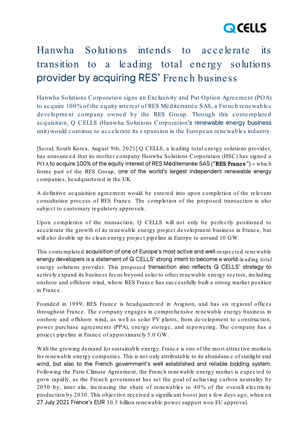 Hanwha Solutions Intends to Accelerate Its Transition to a Leading Total Energy Solutions French Business