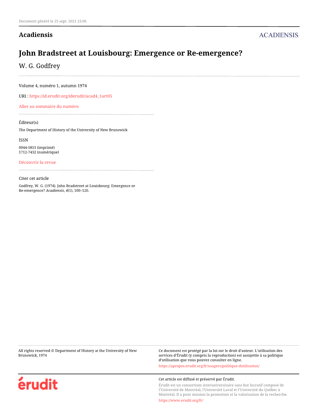John Bradstreet at Louisbourg: Emergence Or Re-Emergence? W