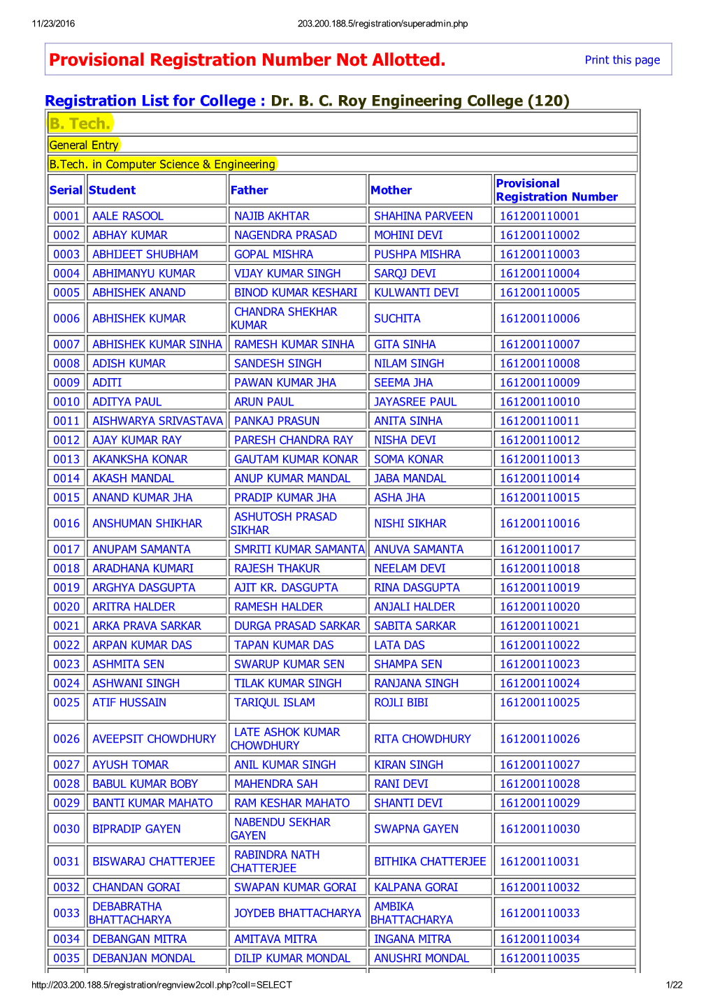 Provisional Registration Number Not Allotted. Print This Page