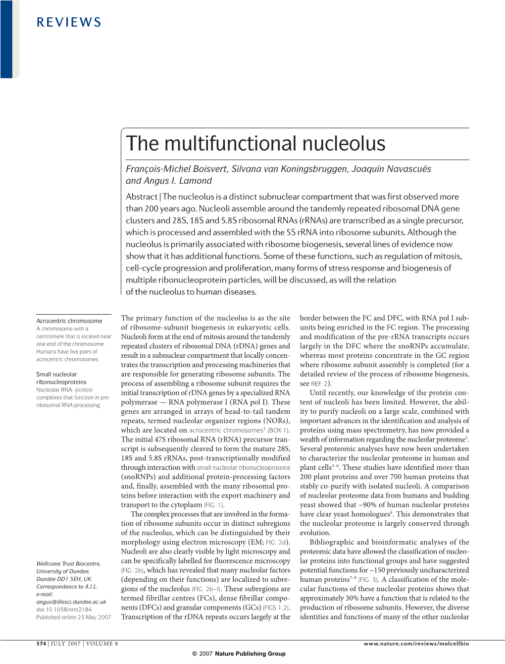 The Multifunctional Nucleolus