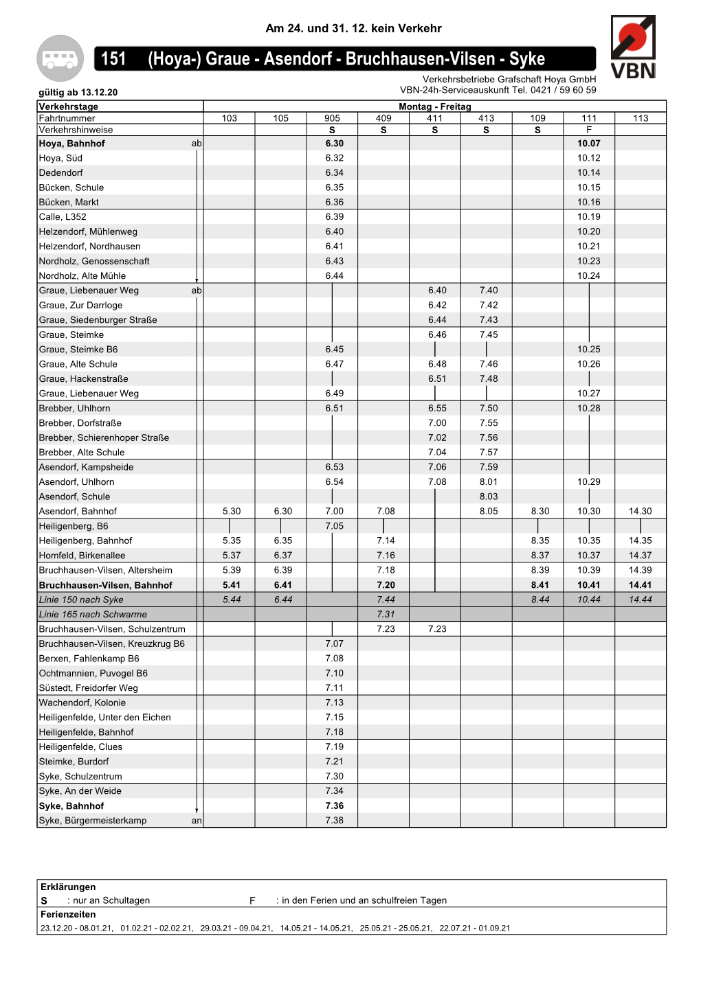 151 (Hoya-) Graue - Asendorf - Bruchhausen-Vilsen - Syke Verkehrsbetriebe Grafschaft Hoya Gmbh Gültig Ab 13.12.20 VBN-24H-Serviceauskunft Tel