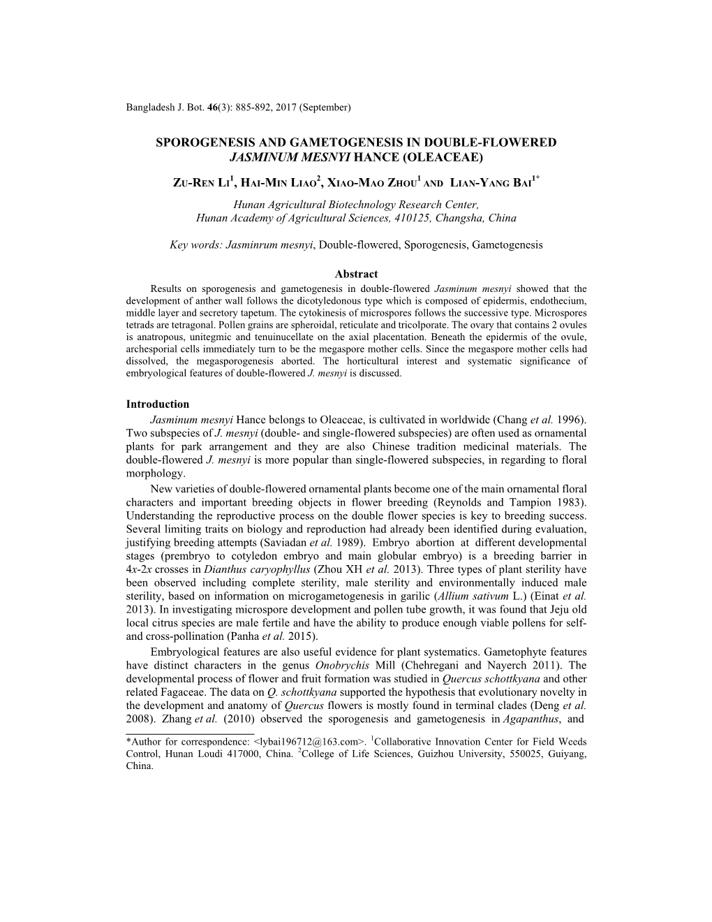 Sporogenesis and Gametogenesis in Double-Flowered Jasminum Mesnyi Hance (Oleaceae)