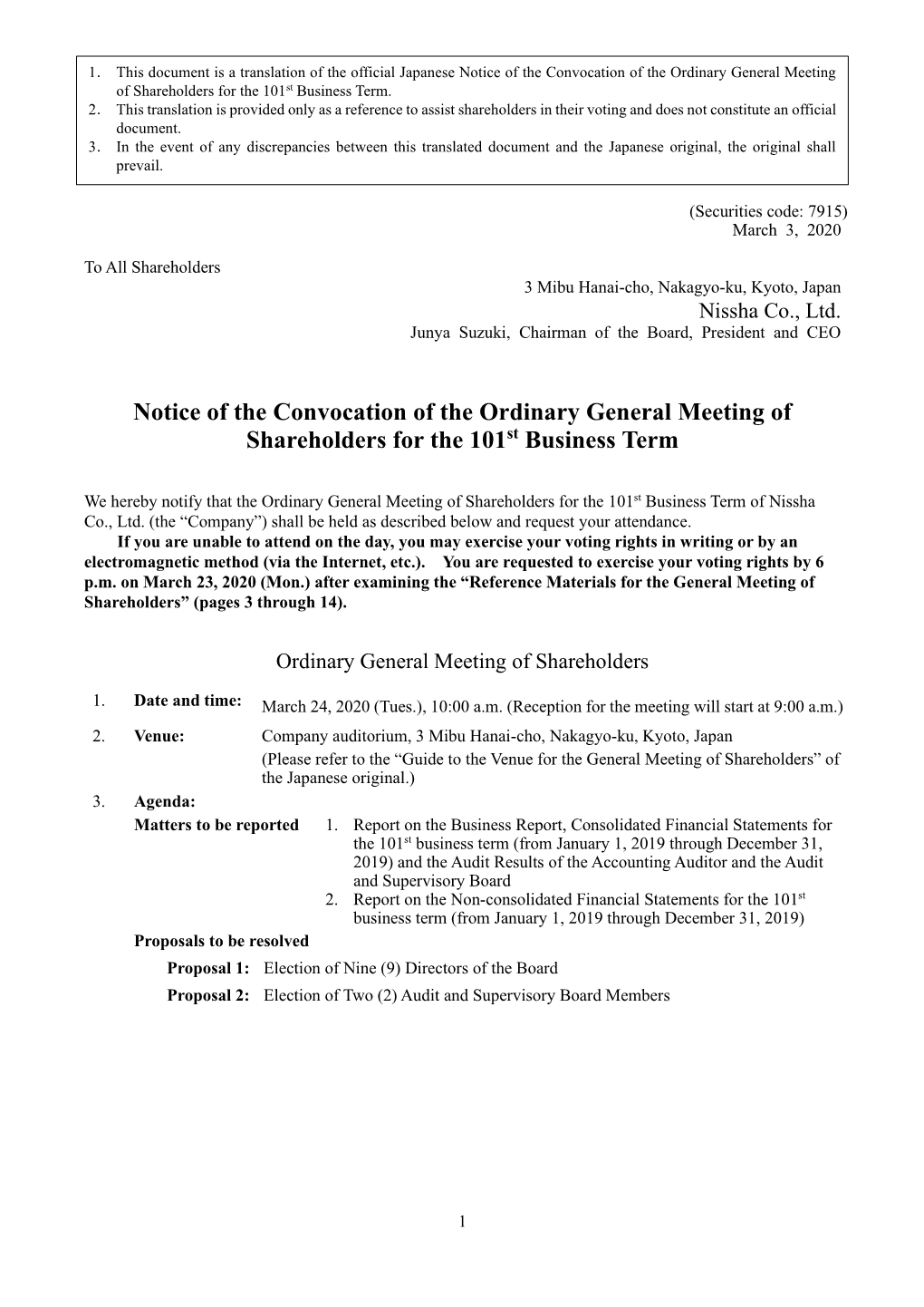 Notice of the Convocation of the Ordinary General Meeting of Shareholders for the 101St Business Term