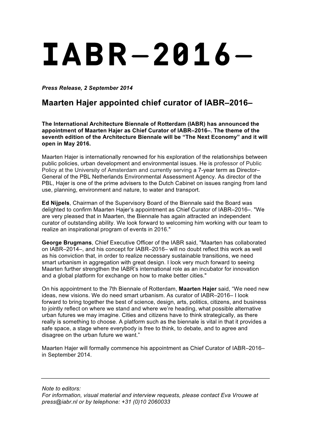 140902 Press Release Maarten Hajer Curator IABR 2016 EN