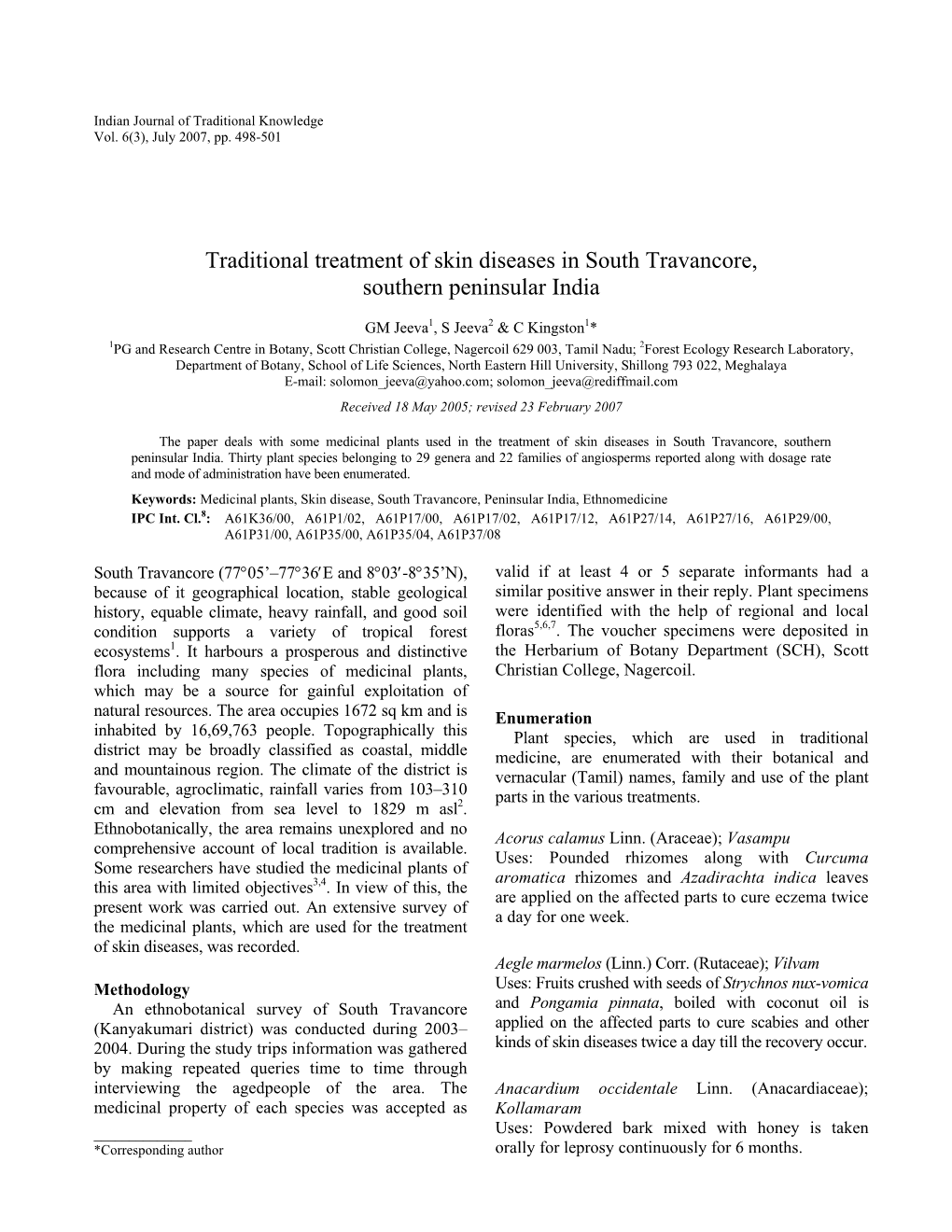 Traditional Treatment of Skin Diseases in South Travancore, Southern Peninsular India