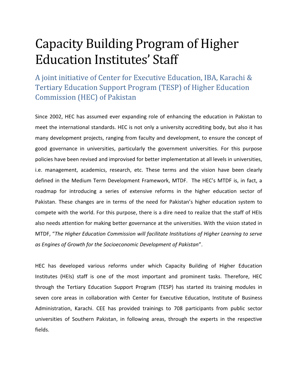 Capacity Building Program of Higher Education Institutes' Staff