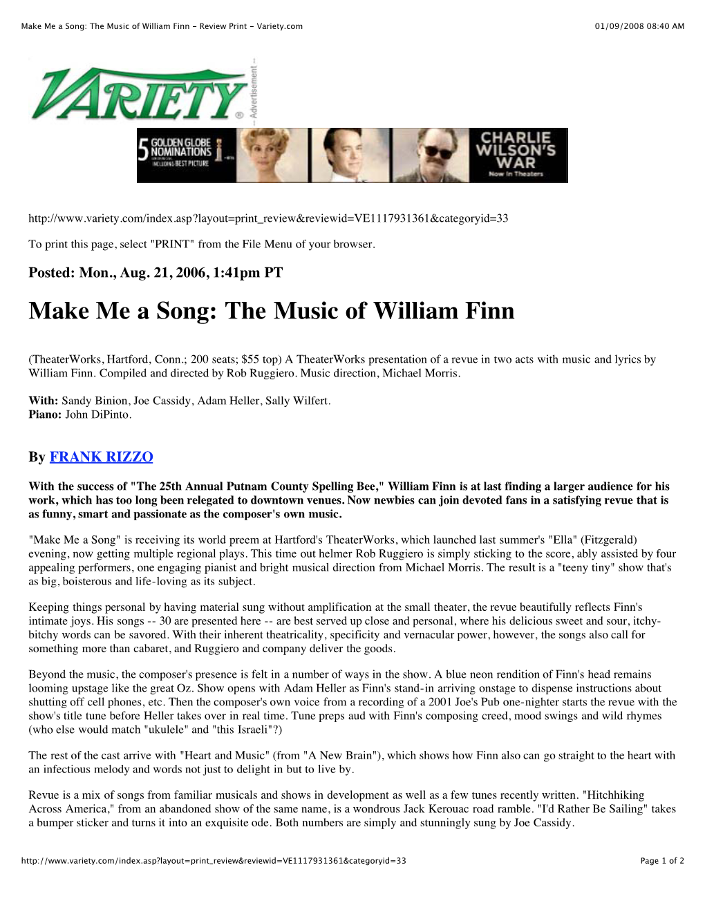 Make Me a Song: the Music of William Finn - Review Print - Variety.Com 01/09/2008 08:40 AM