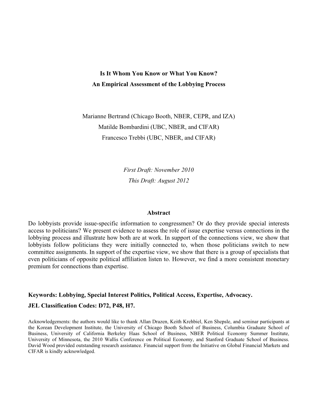 An Empirical Assessment of the Lobbying Process Marianne Bertrand