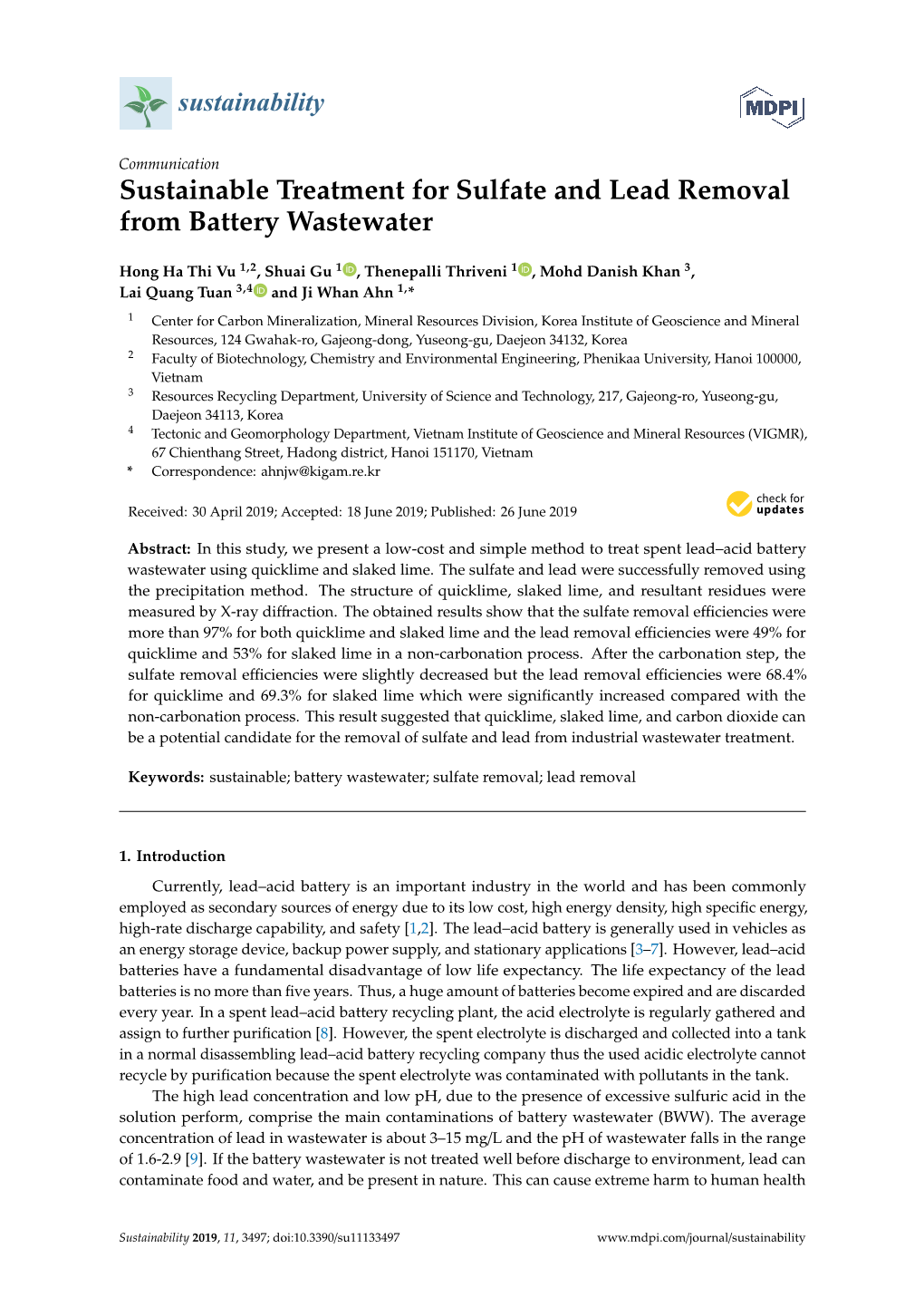 Sustainable Treatment for Sulfate and Lead Removal from Battery Wastewater