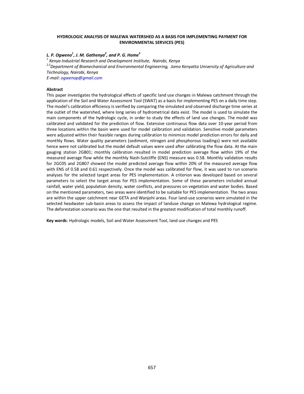 Hydrologic Analysis of Malewa Watershed As a Basis for Implementing Payment for Environmental Services (Pes)