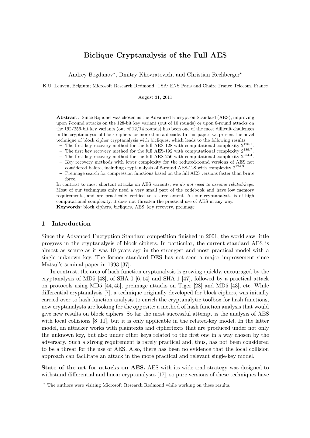 Biclique Cryptanalysis of the Full AES