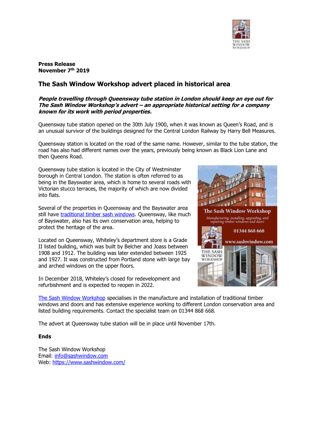 The Sash Window Workshop Advert Placed in Historical Area