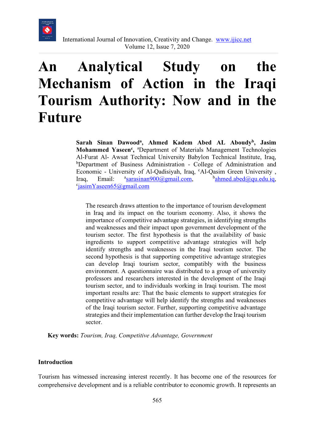 An Analytical Study on the Mechanism of Action in the Iraqi Tourism Authority: Now and in the Future