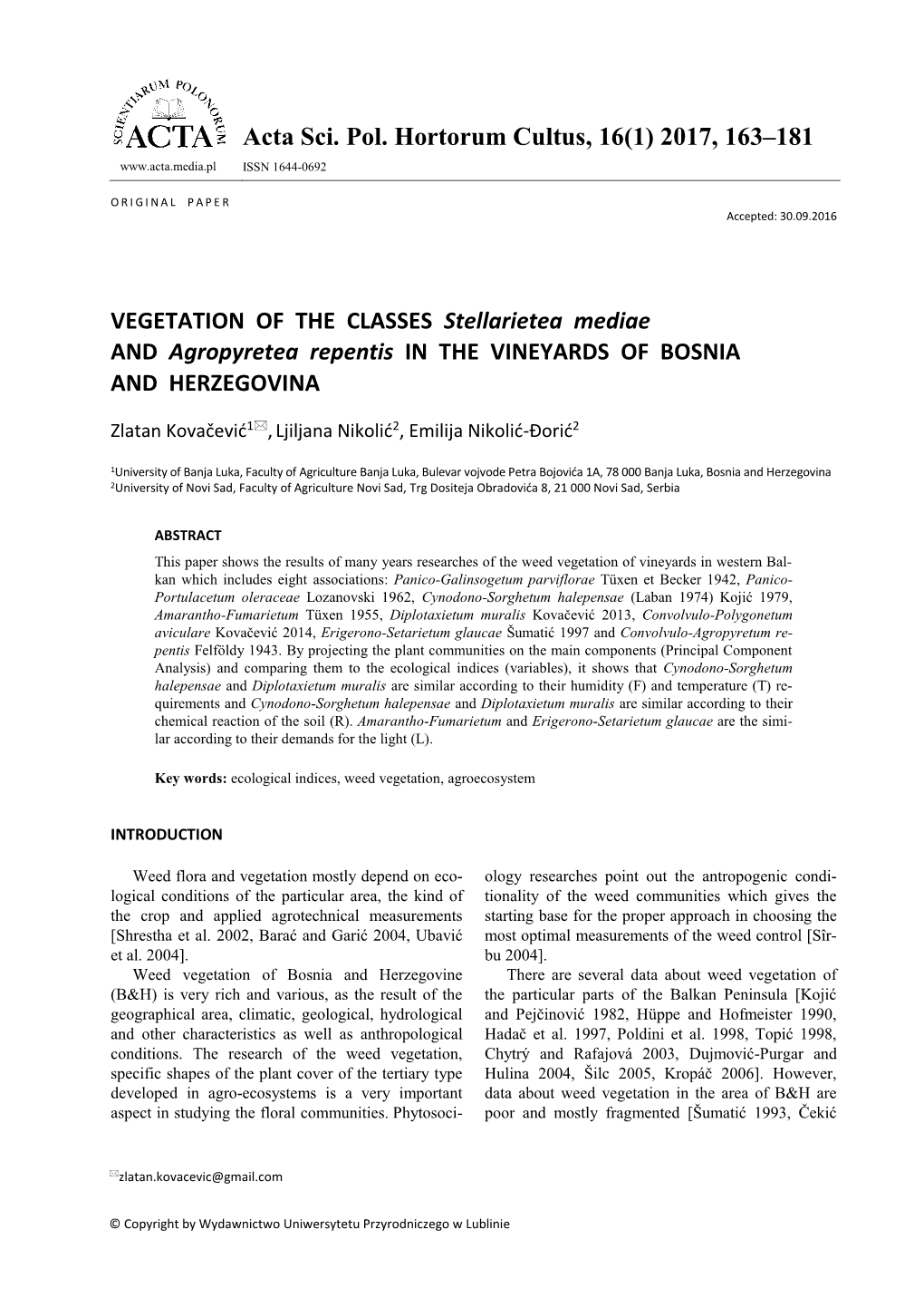 VEGETATION of the CLASSES Stellarietea Mediae and Agropyretea Repentis in the VINEYARDS of BOSNIA and HERZEGOVINA