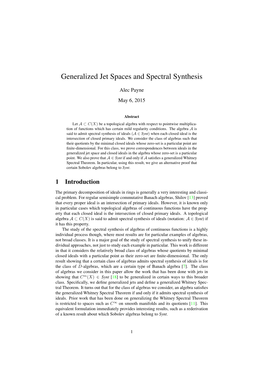 Generalized Jet Spaces and Spectral Synthesis