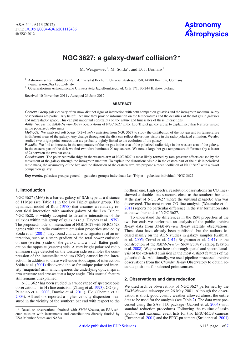 NGC 3627: a Galaxy-Dwarf Collision?