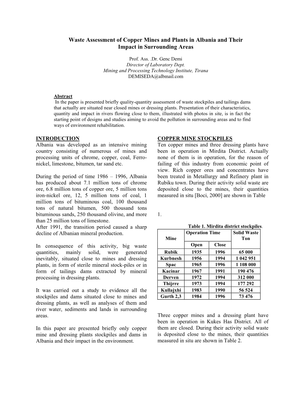 Waste Assessment of Copper Mines and Plants in Albania and Their Impact in Surrounding Areas