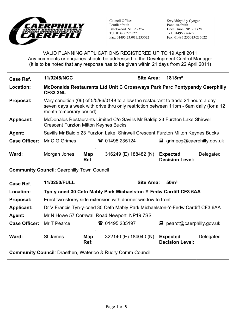 Page 1 of 9 VALID PLANNING APPLICATIONS REGISTERED UP