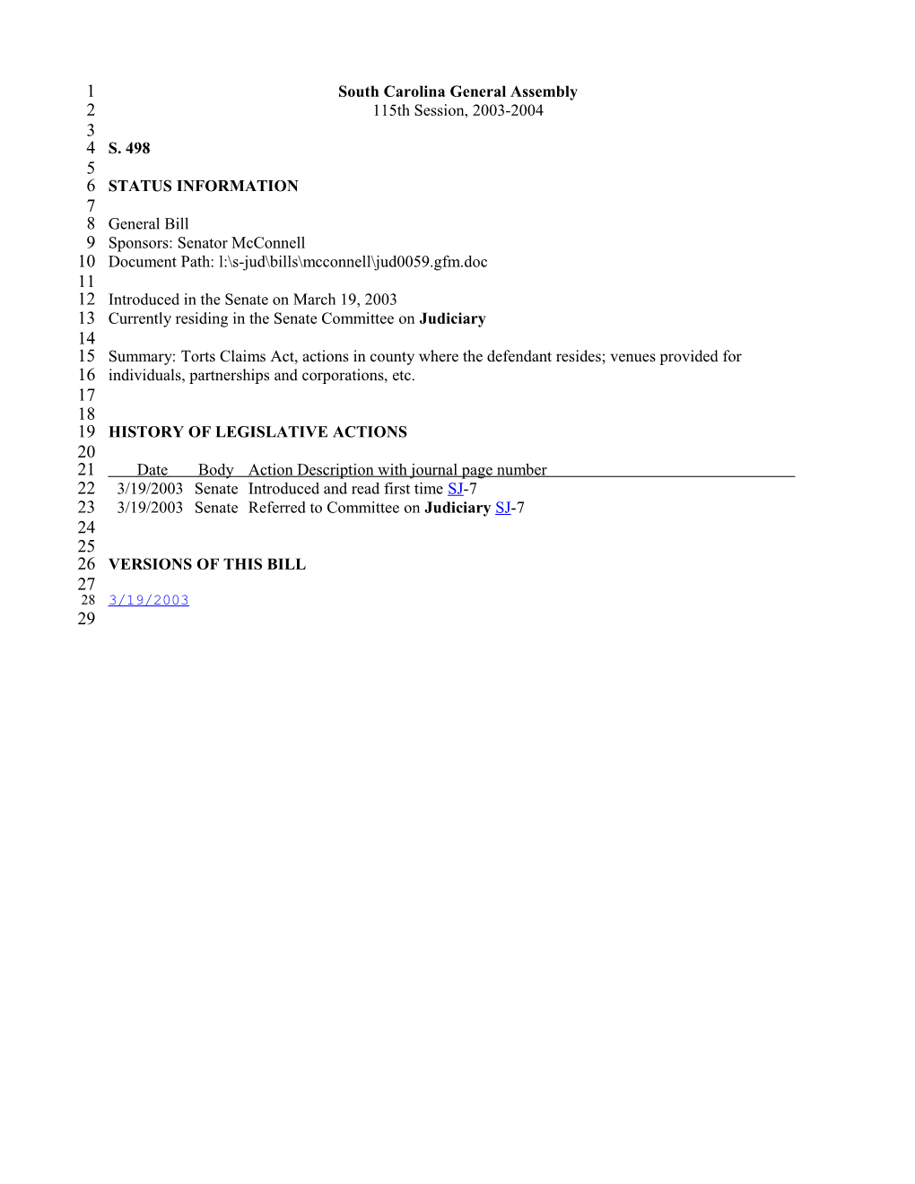 2003-2004 Bill 498: Torts Claims Act, Actions in County Where the Defendant Resides; Venues