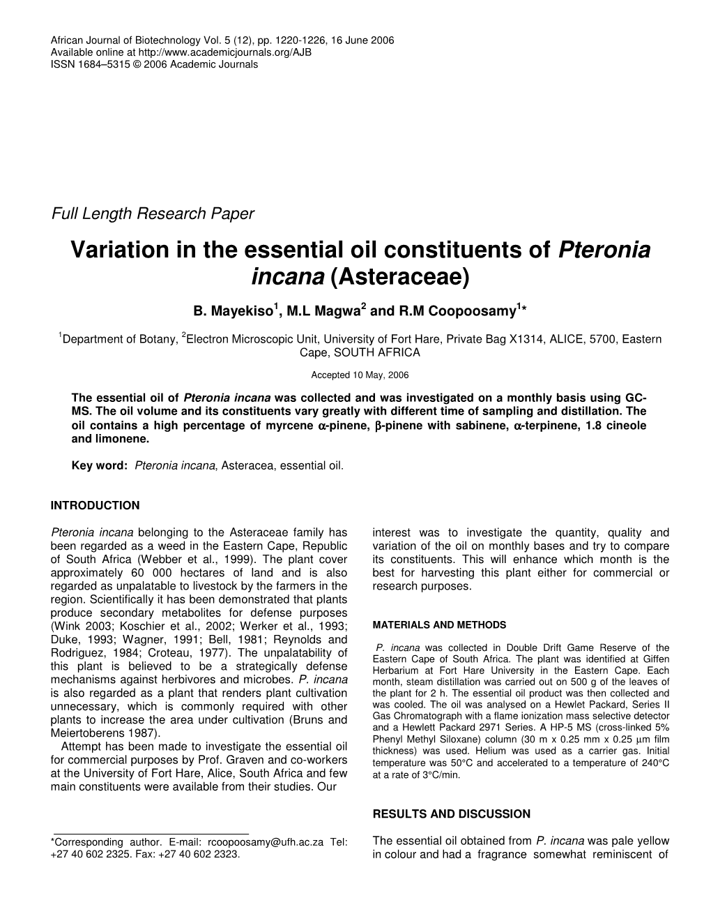 Variation in the Essential Oil Constituents of Pteronia Incana (Asteraceae)