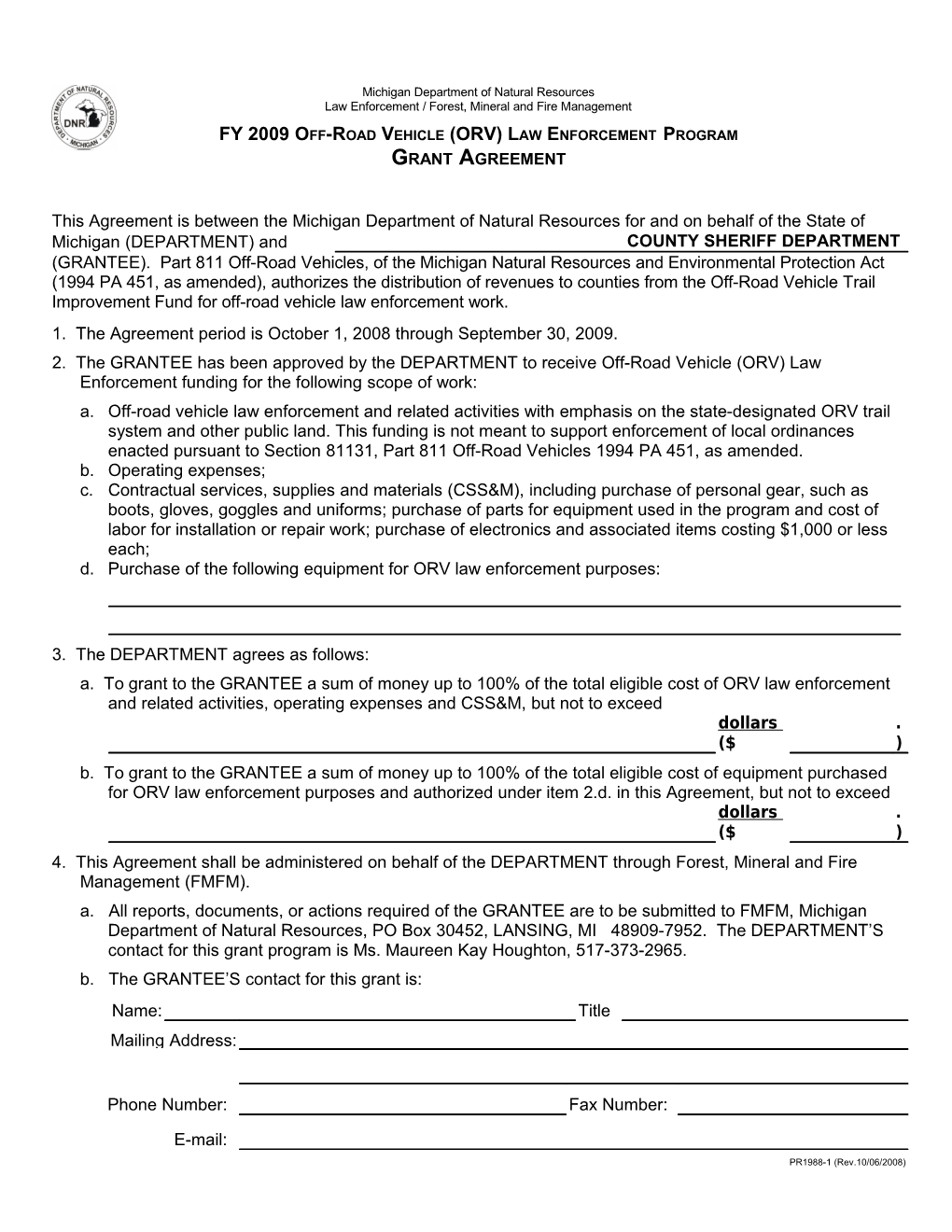 Off-Road Vehicle Enforcement Grant Agreement