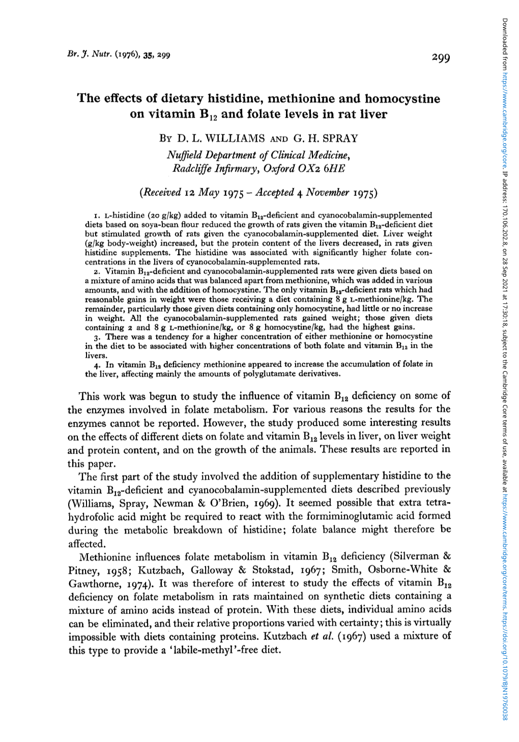 The Effects of Dietary Histidine, Methionine and Homocystine on Vitamin B,, and Folate Levels in Rat Liver