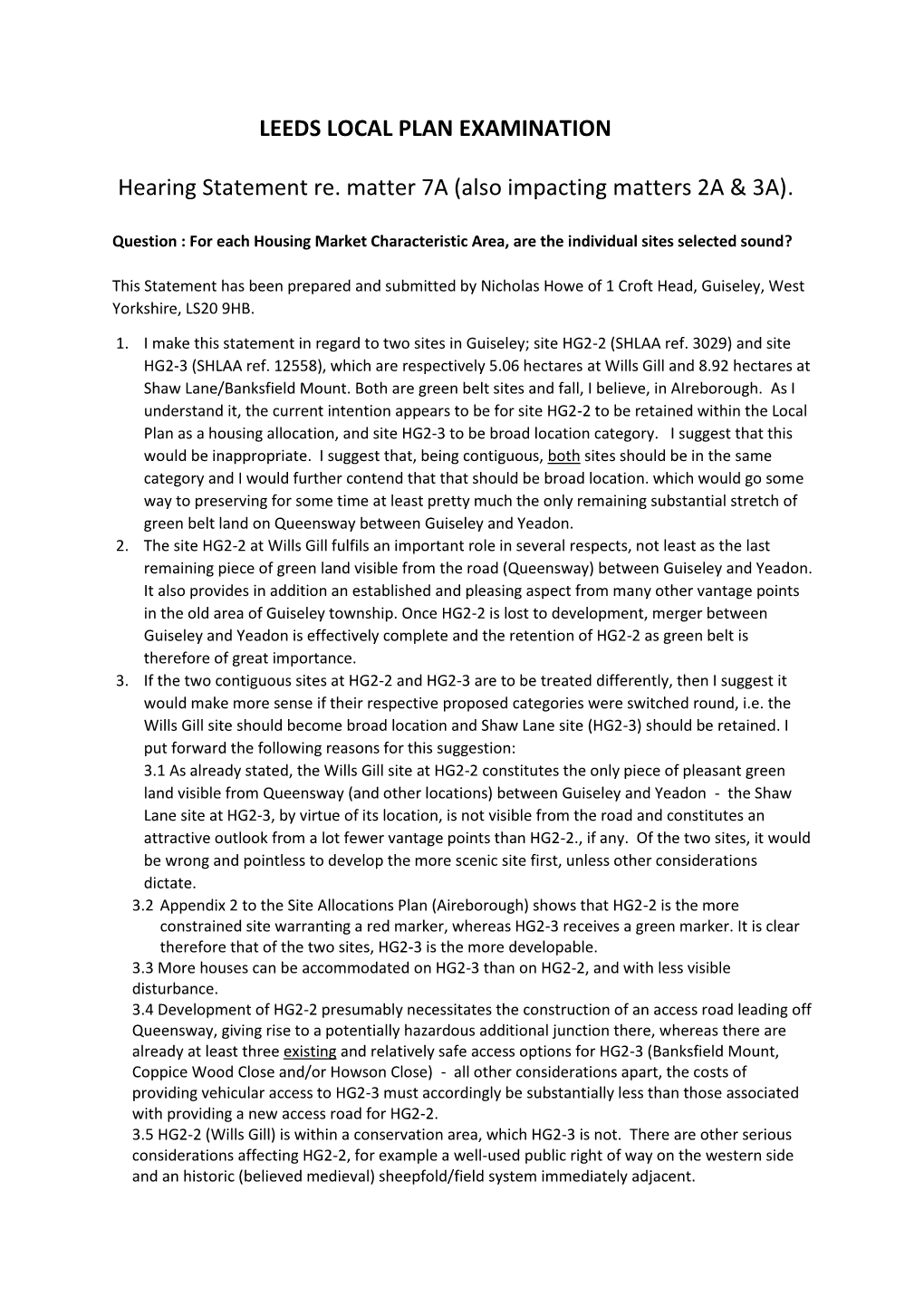 LEEDS LOCAL PLAN EXAMINATION Hearing Statement Re. Matter 7A