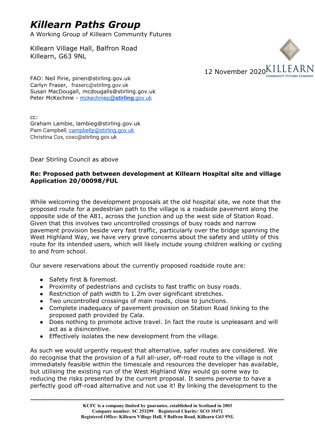 Letter from Killearn Paths Group