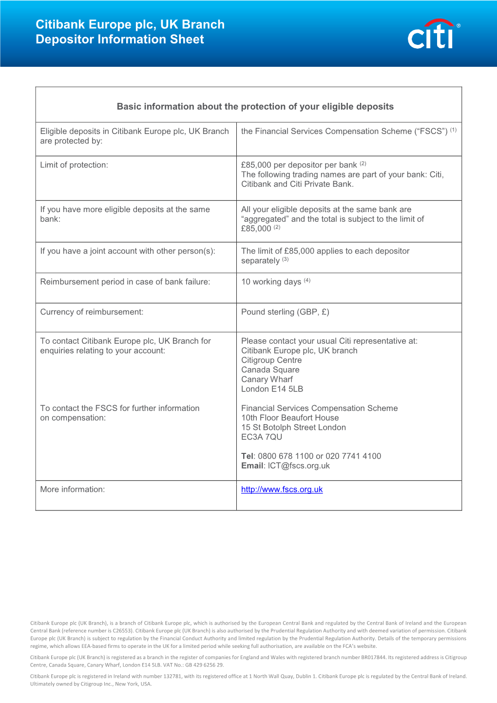 Citibank Europe Plc, UK Branch Depositor Information Sheet