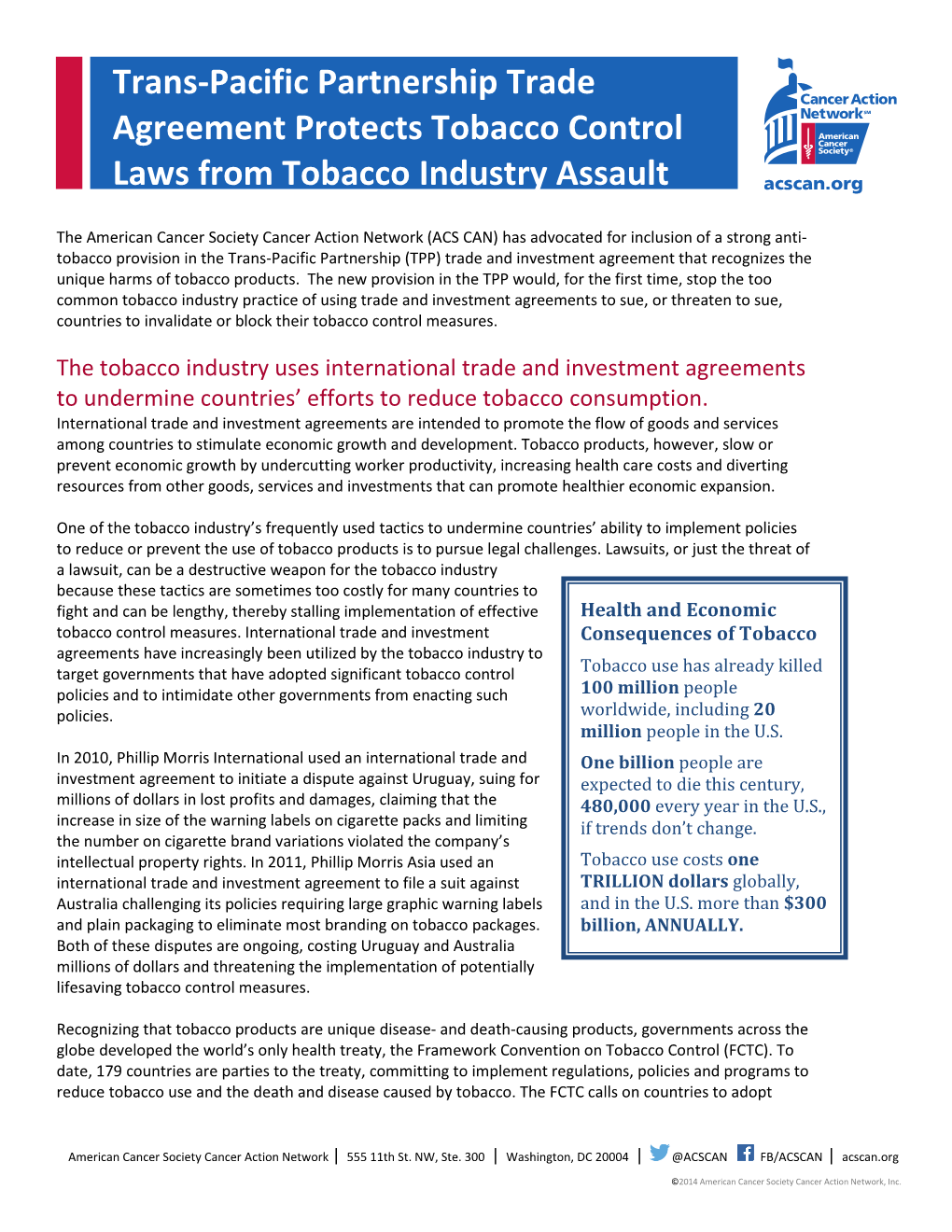 Trans-Pacific Partnership Trade Agreement Protects Tobacco Control Laws from Tobacco Industry Assault