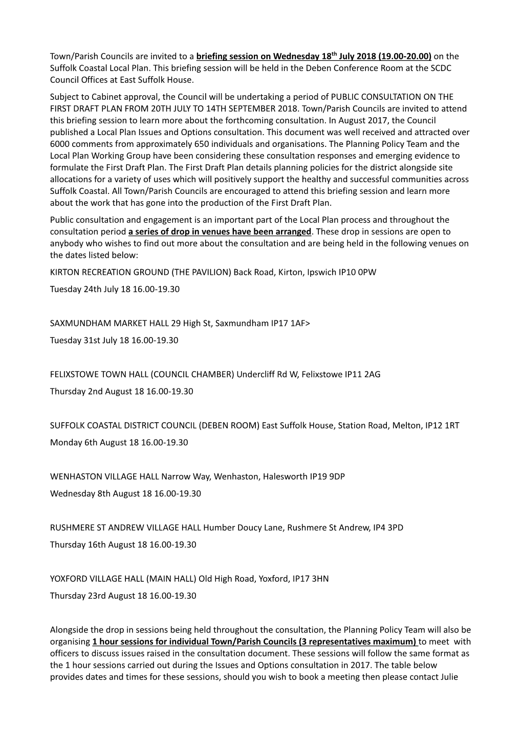 Town/Parish Councils Are Invited to a Briefing Session on Wednesday 18Th July 2018 (19.00-20.00) on the Suffolk Coastal Local Plan