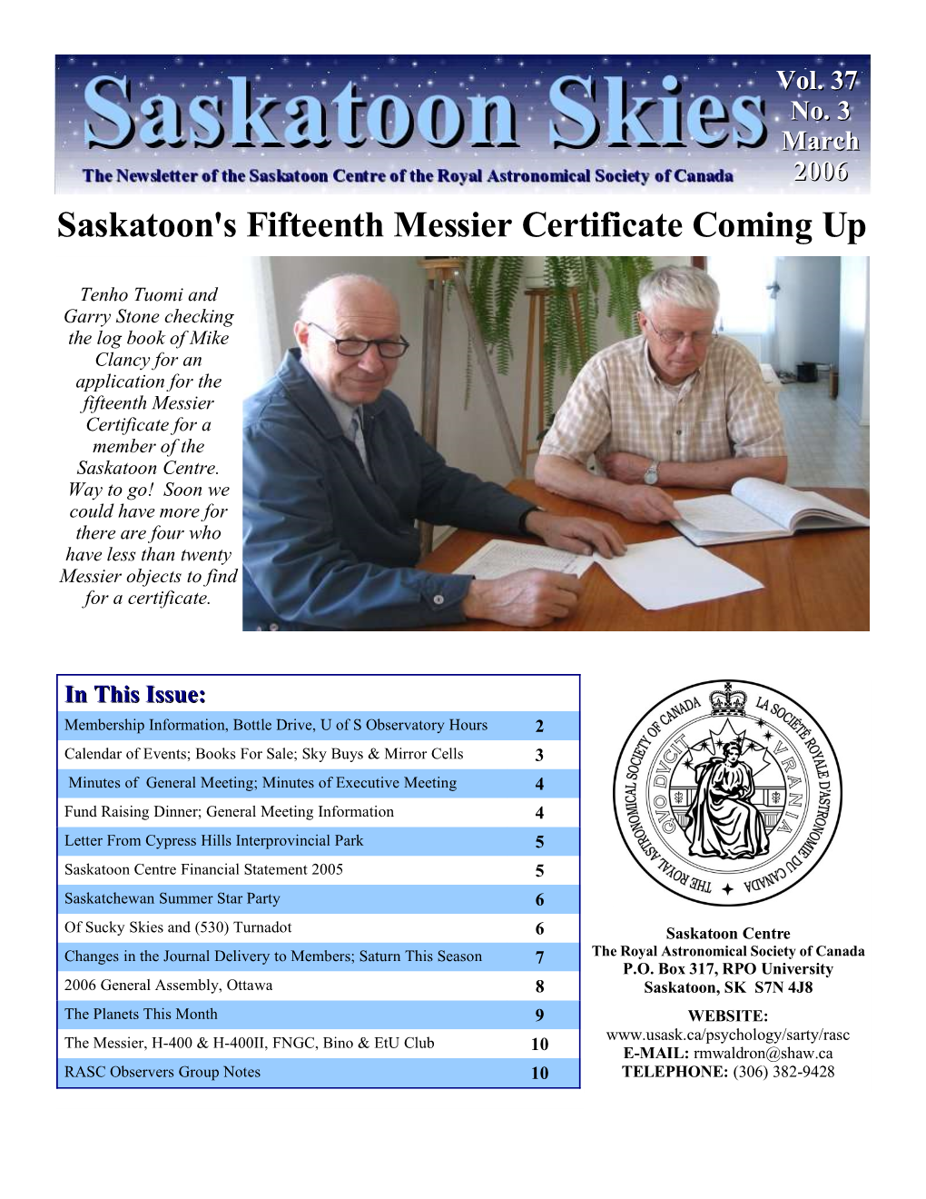 March 2006 Saskatoon's Fifteenth Messier Certificate Coming Up