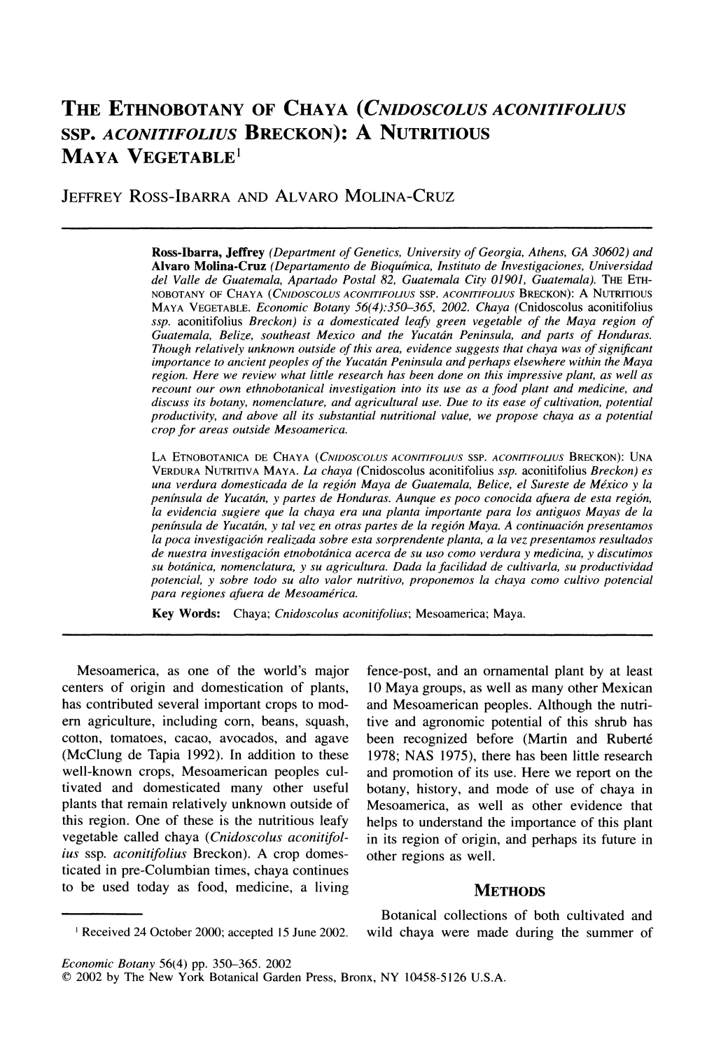 The Ethnobotany of Chaya (Cnidoscolus Aconitifolius