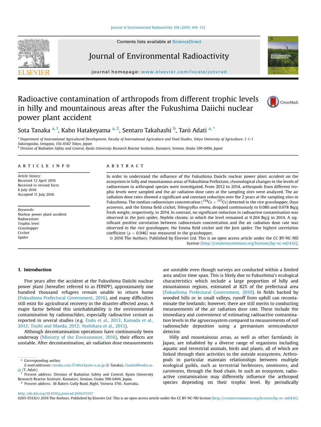 Radioactive Contamination of Arthropods from Different Trophic Levels in Hilly and Mountainous Areas After the Fukushima Daiichi Nuclear Power Plant Accident