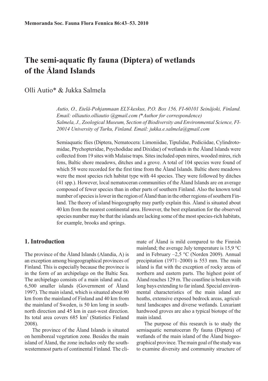 (Diptera) of Wetlands of the Åland Islands