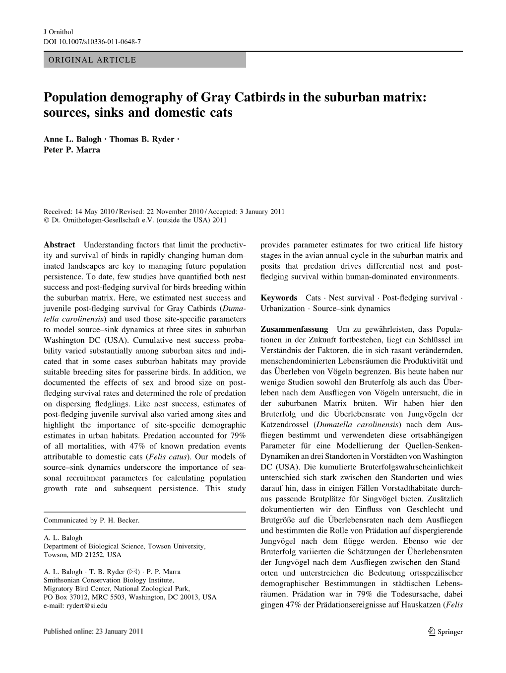 Population Demography of Gray Catbirds in the Suburban Matrix: Sources, Sinks and Domestic Cats