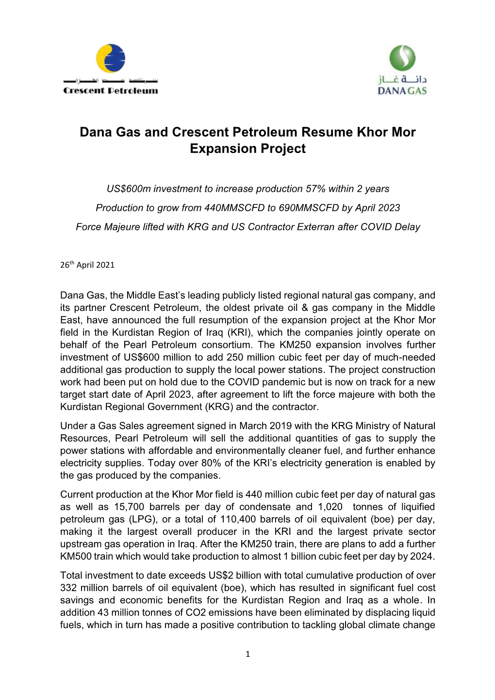 Dana Gas and Crescent Petroleum Resume Khor Mor Expansion Project