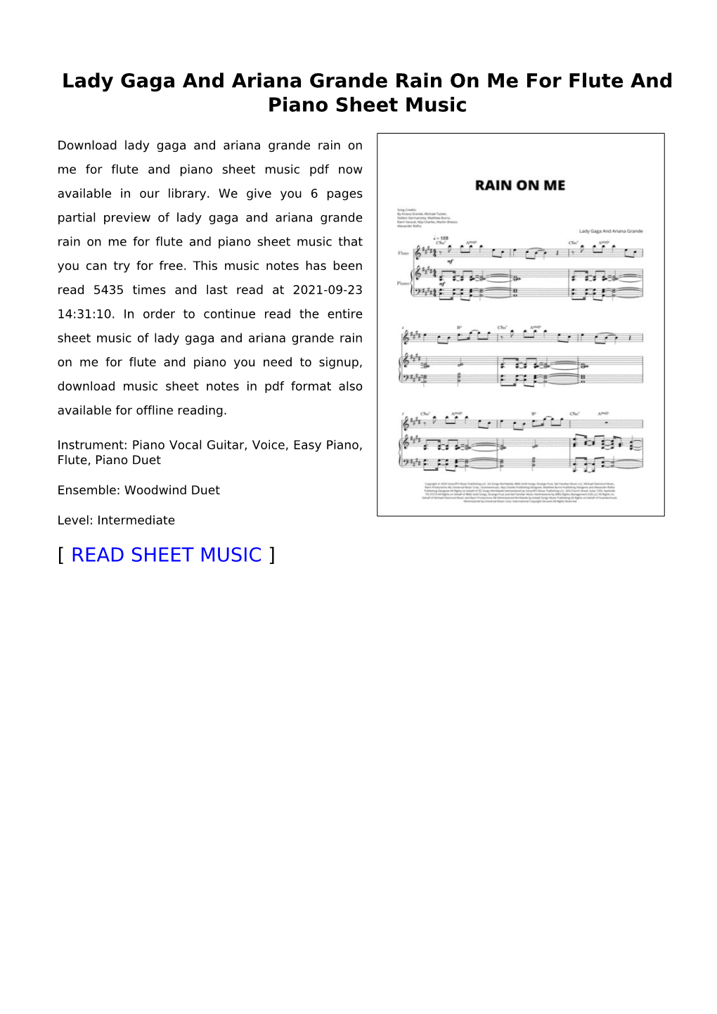 Lady Gaga and Ariana Grande Rain on Me for Flute and Piano Sheet Music