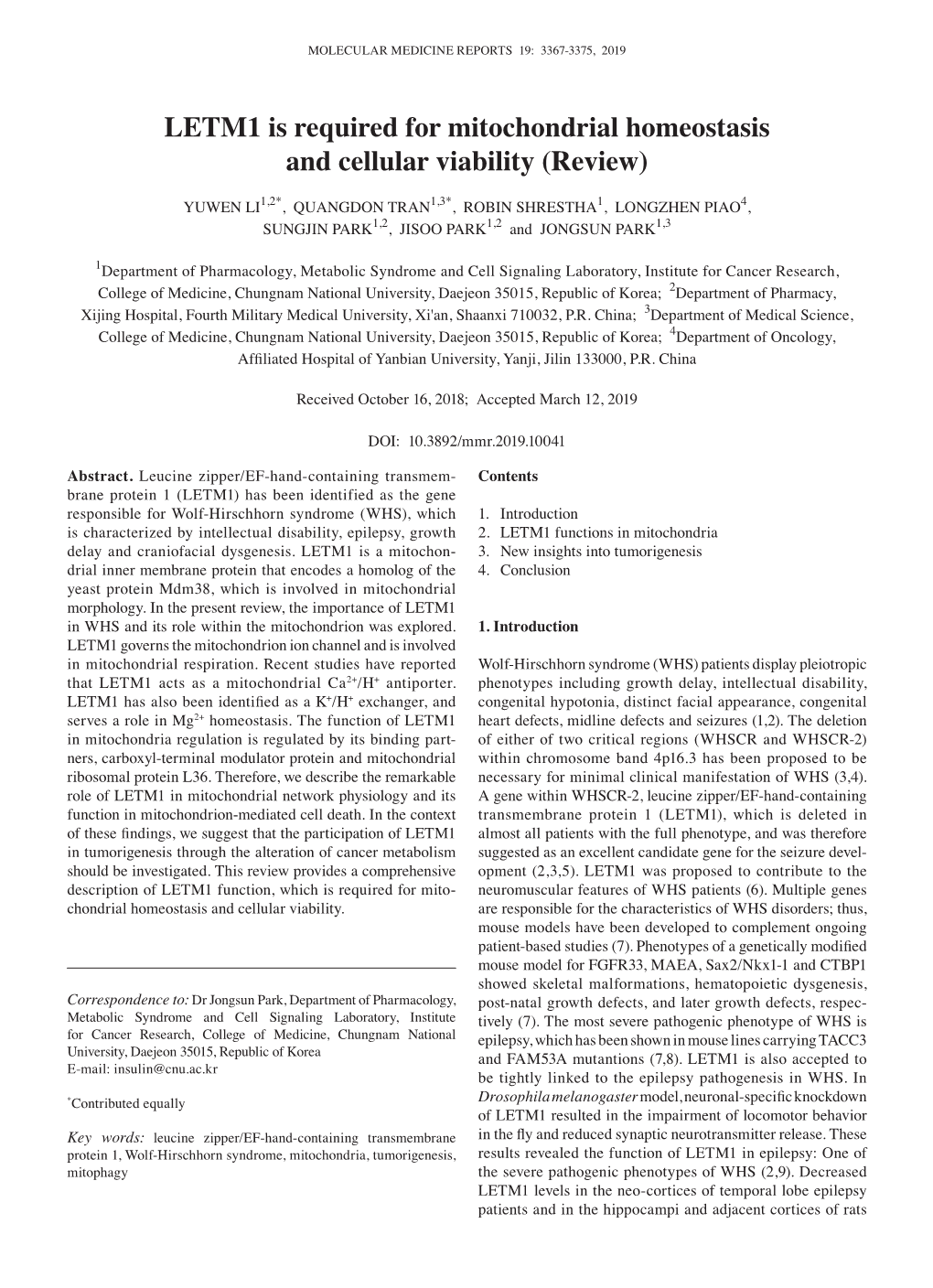 LETM1 Is Required for Mitochondrial Homeostasis and Cellular Viability (Review)