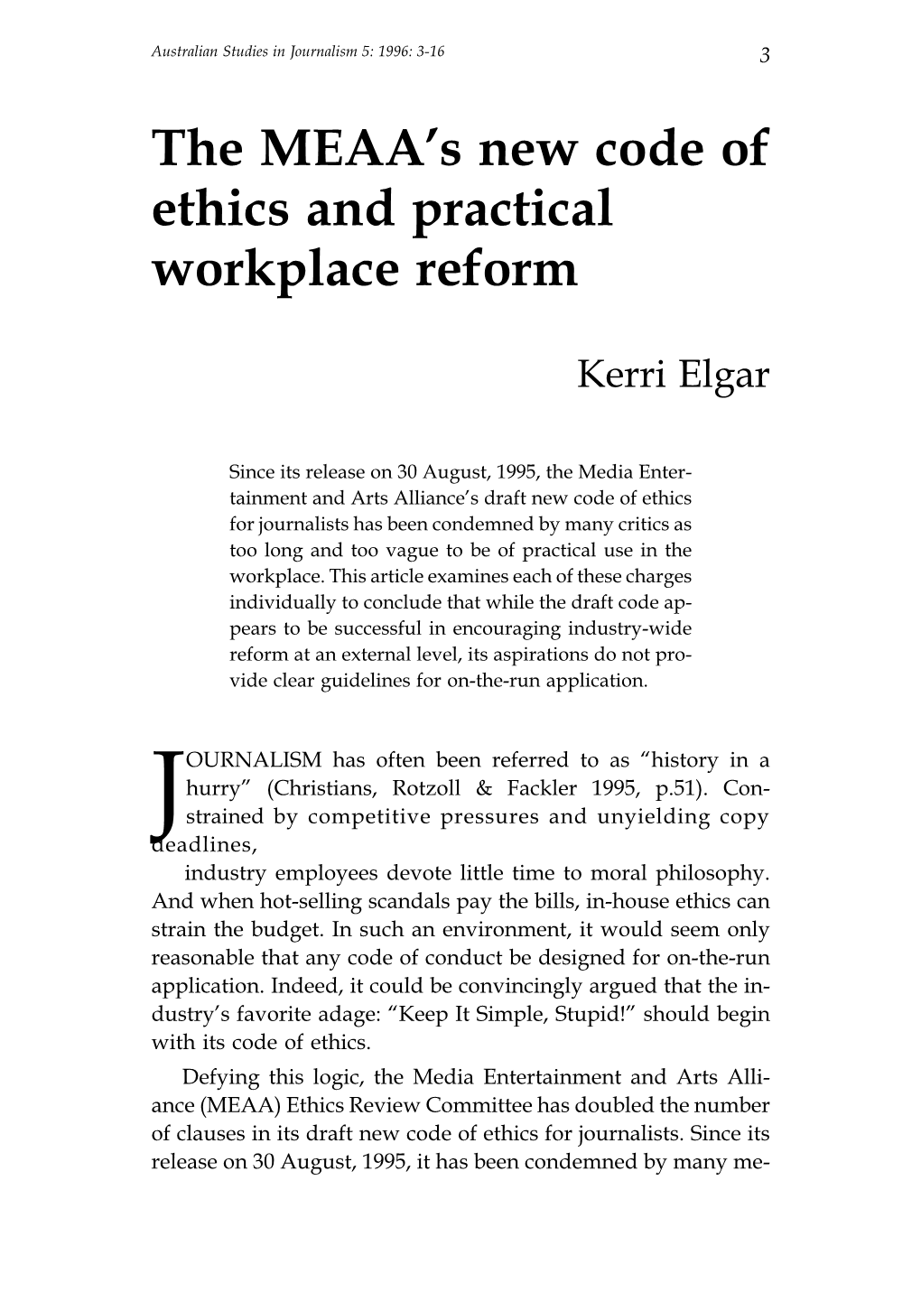 The MEAA's New Code of Ethics and Practical Workplace Reform