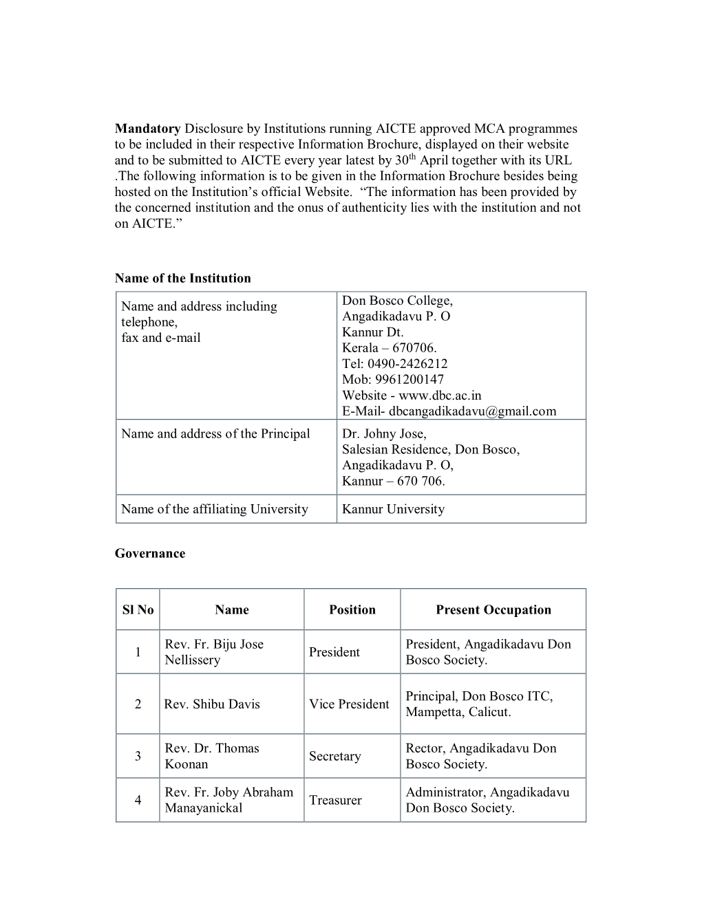 Mandatory Disclosure by Institutions Running AICTE Approved MCA