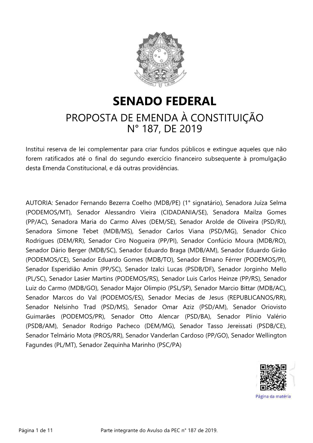 Senado Federal Proposta De Emenda À Constituição N° 187, De 2019