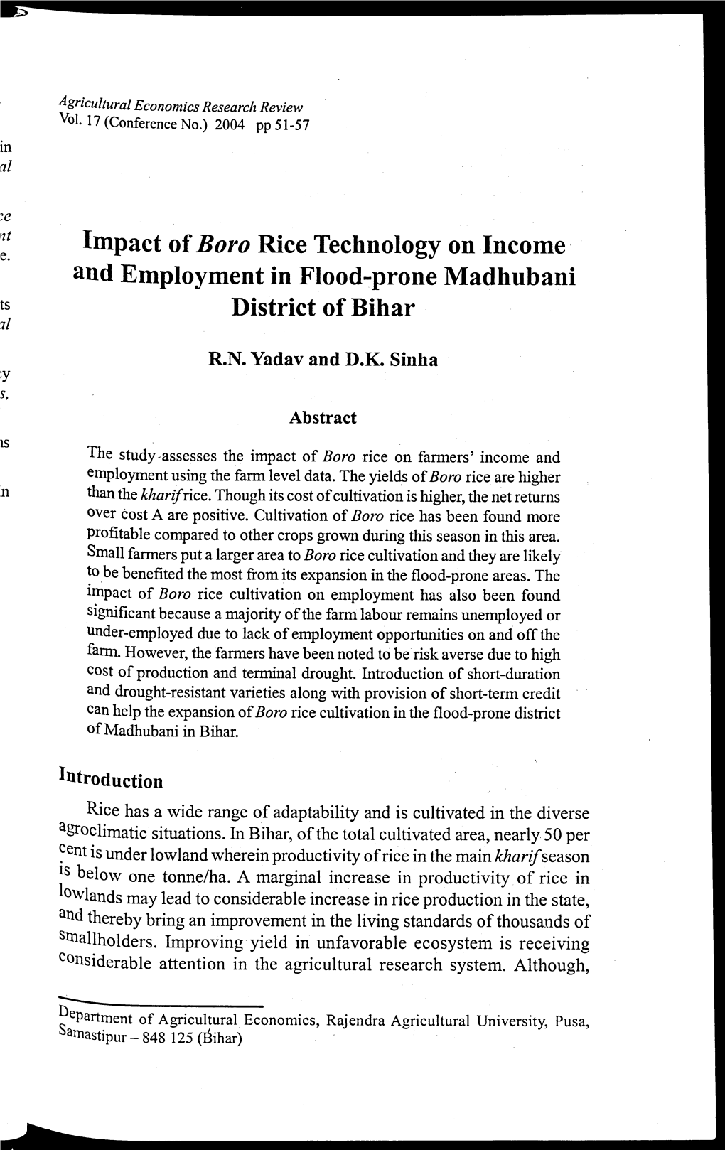 Impact of Boro Rice Technology on Income and Employment in Flood-Prone Madhubani District of Bihar