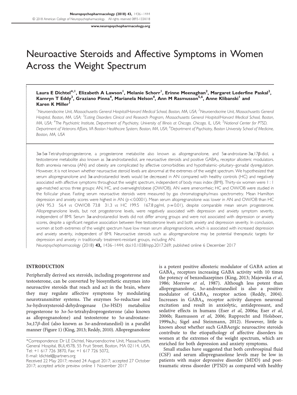 Neuroactive Steroids and Affective Symptoms in Women Across the Weight Spectrum