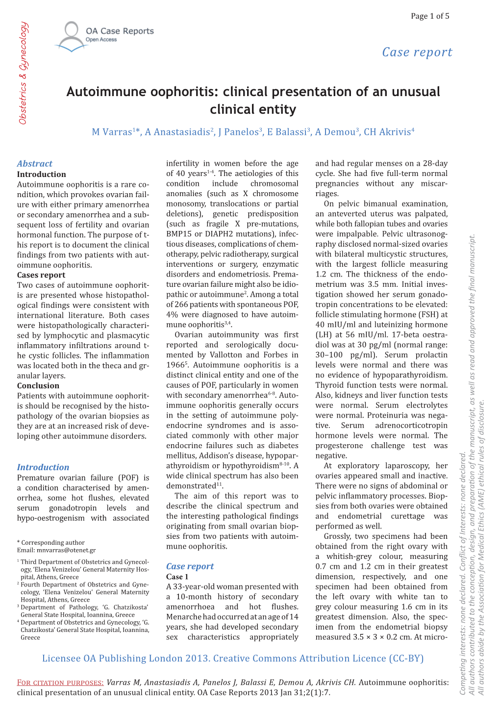 Autoimmune Oophoritis: Clinical Presentation of an Unusual Clinical